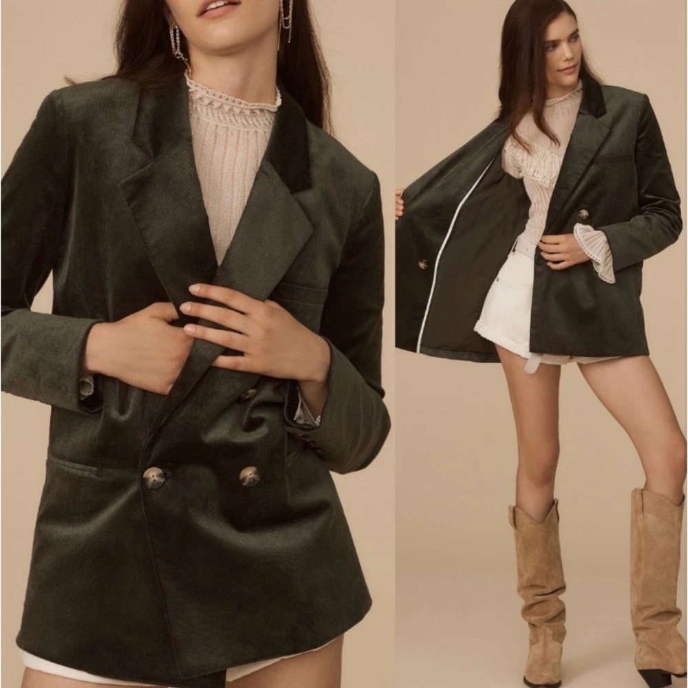 Anthropologie Maeve Corduroy Dark Green Double-Breasted Blazer (size 2)